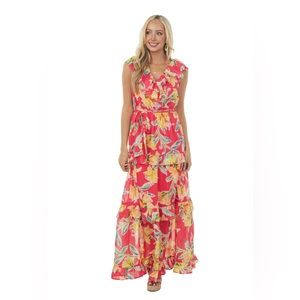 Raspberry And Amber Floral Ruffle Maxi Dress Size Small